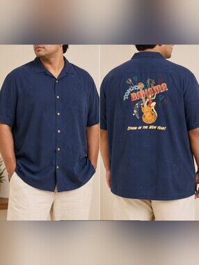 Tommy Bahama 100% Silk Shirt Mens  "Strum In The New Year " Back Graphic Sz 2XB